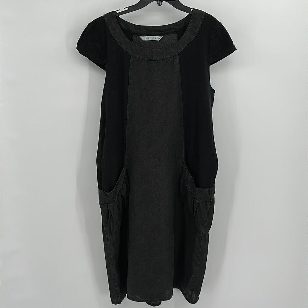 Luna Luz Black Linen Ribbed Sides Cap Sleeve Dress Size Medium